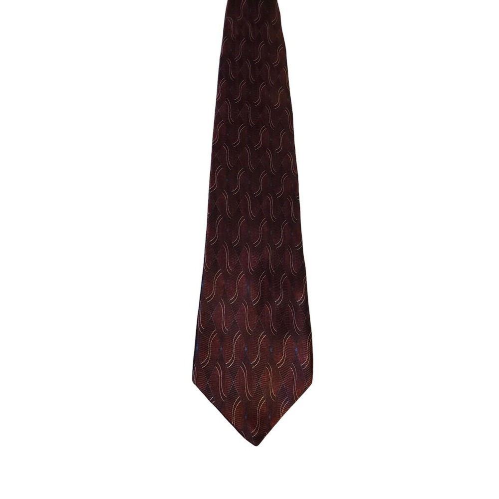 Croft & Barrow Mens Burgundy‎ Blue White Geometric 100% Silk Necktie Tie EUC